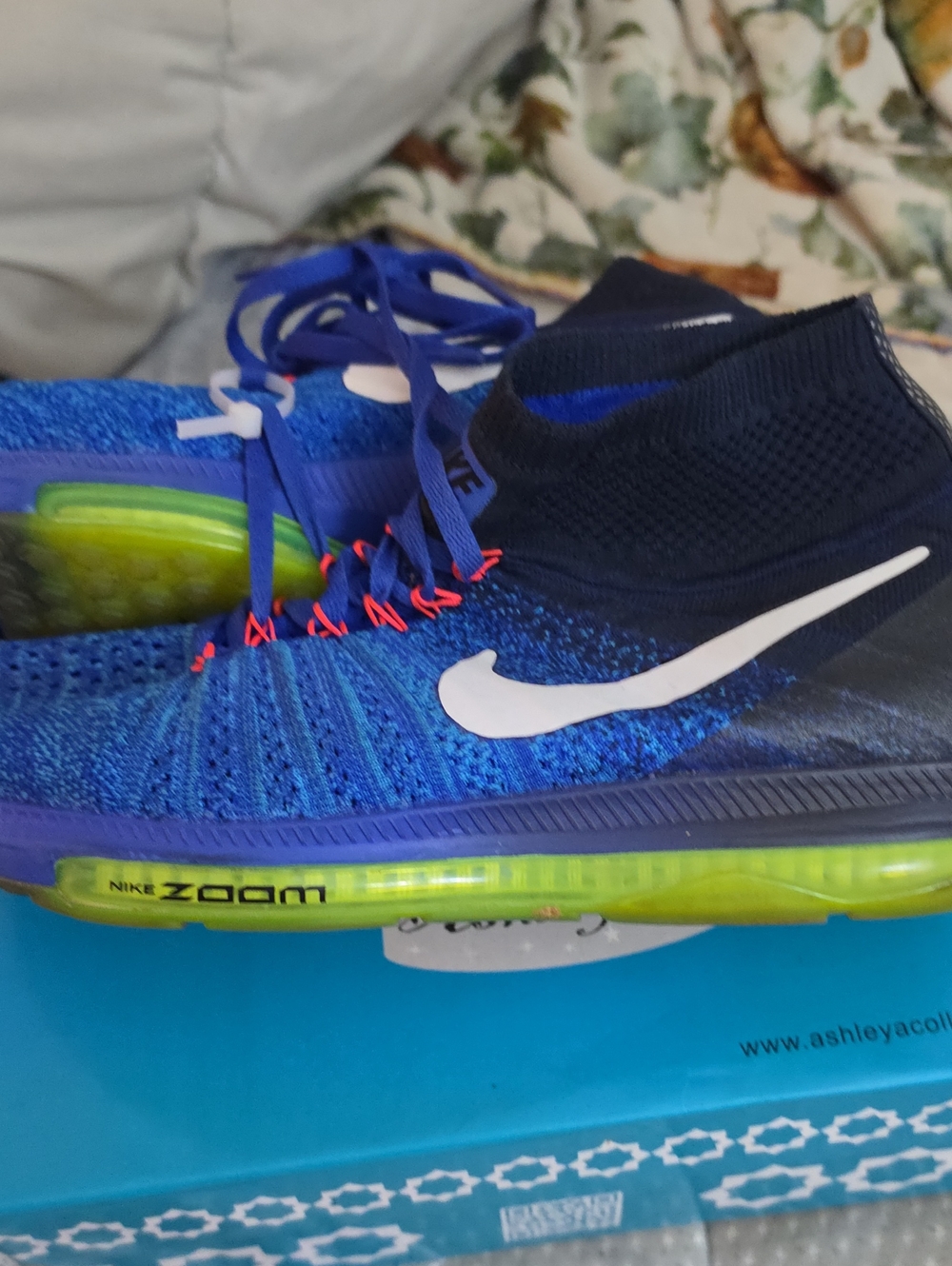 Nike Blue and Lime Green Flyknit Zoom Mid-Top Sneakers